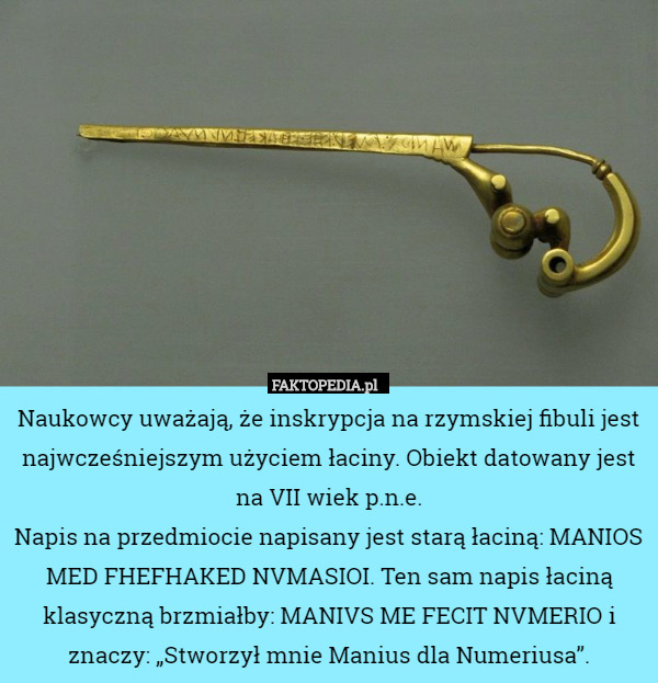Naukowcy uważają, że inskrypcja na rzymskiej fibuli jest najwcześniejszym użyciem łaciny. Obiekt datowany jest na VII wiek p.n.e.
Napis na przedmiocie napisany jest starą łaciną: MANIOS MED FHEFHAKED NVMASIOI. Ten sam napis łaciną klasyczną brzmiałby: MANIVS ME FECIT NVMERIO i znaczy: „Stworzył mnie Manius dla Numeriusa”. 