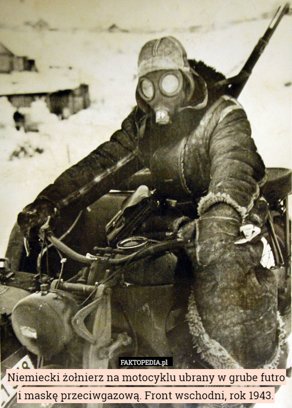Niemiecki żołnierz na motocyklu ubrany w grube futro i maskę przeciwgazową. Front wschodni, rok 1943. 