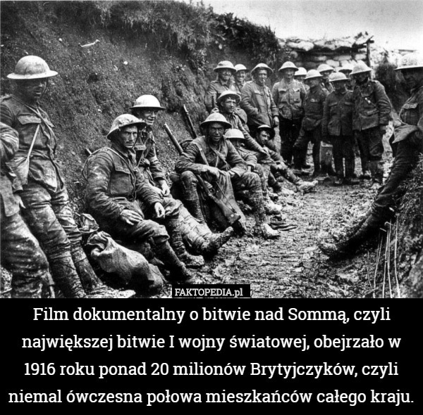Film dokumentalny o bitwie nad Sommą, czyli największej bitwie I wojny światowej, obejrzało w 1916 roku ponad 20 milionów Brytyjczyków, czyli niemal ówczesna połowa mieszkańców całego kraju. 