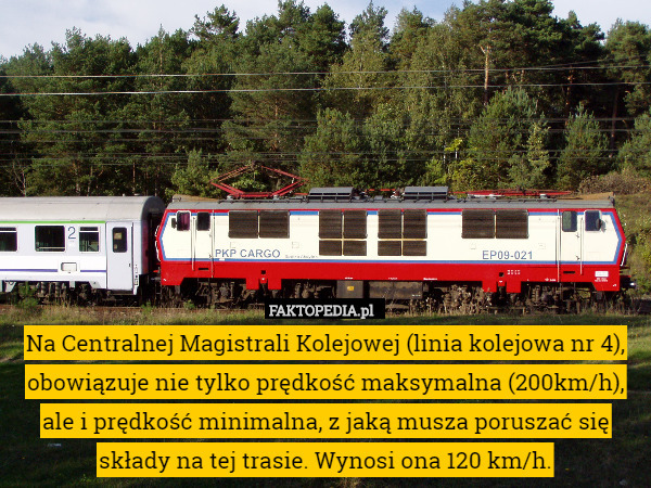 Na Centralnej Magistrali Kolejowej (linia kolejowa nr 4), obowiązuje nie tylko prędkość maksymalna (200km/h), ale i prędkość minimalna, z jaką musza poruszać się składy na tej trasie. Wynosi ona 120 km/h. 