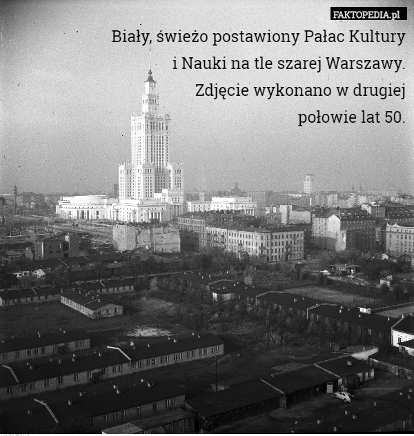 Biały, świeżo postawiony Pałac Kultury
 i Nauki na tle szarej Warszawy.
 Zdjęcie wykonano w drugiej
 połowie lat 50. 