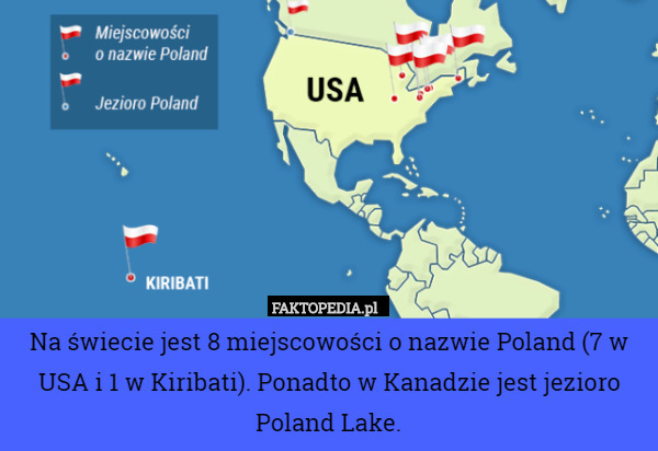 Na świecie jest 8 miejscowości o nazwie Poland (7 w USA i 1 w Kiribati). Ponadto w Kanadzie jest jezioro Poland Lake. 