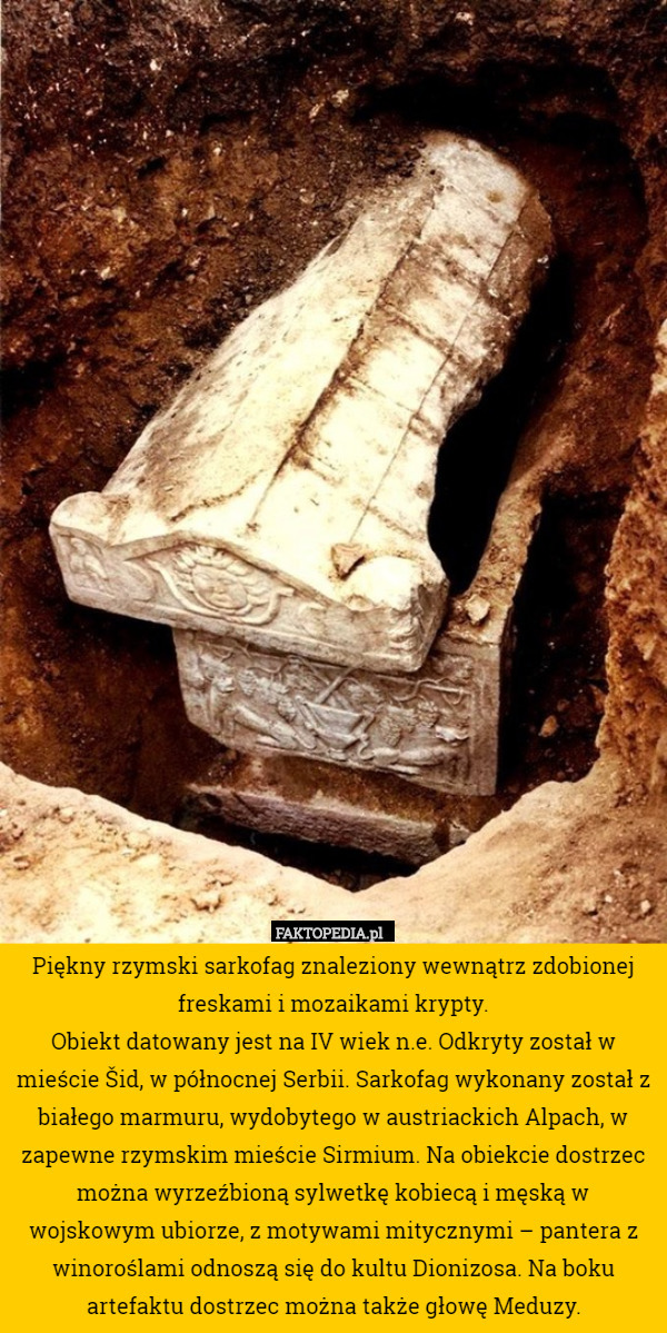 Piękny rzymski sarkofag znaleziony wewnątrz zdobionej freskami i mozaikami krypty.
Obiekt datowany jest na IV wiek n.e. Odkryty został w mieście Šid, w północnej Serbii. Sarkofag wykonany został z białego marmuru, wydobytego w austriackich Alpach, w zapewne rzymskim mieście Sirmium. Na obiekcie dostrzec można wyrzeźbioną sylwetkę kobiecą i męską w wojskowym ubiorze, z motywami mitycznymi – pantera z winoroślami odnoszą się do kultu Dionizosa. Na boku artefaktu dostrzec można także głowę Meduzy. 