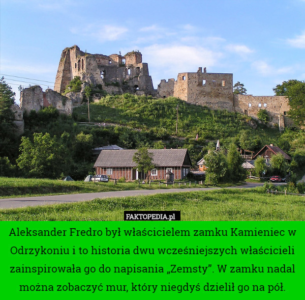 Aleksander Fredro był właścicielem zamku Kamieniec w Odrzykoniu i to historia dwu wcześniejszych właścicieli zainspirowała go do napisania „Zemsty”. W zamku nadal można zobaczyć mur, który niegdyś dzielił go na pół. 