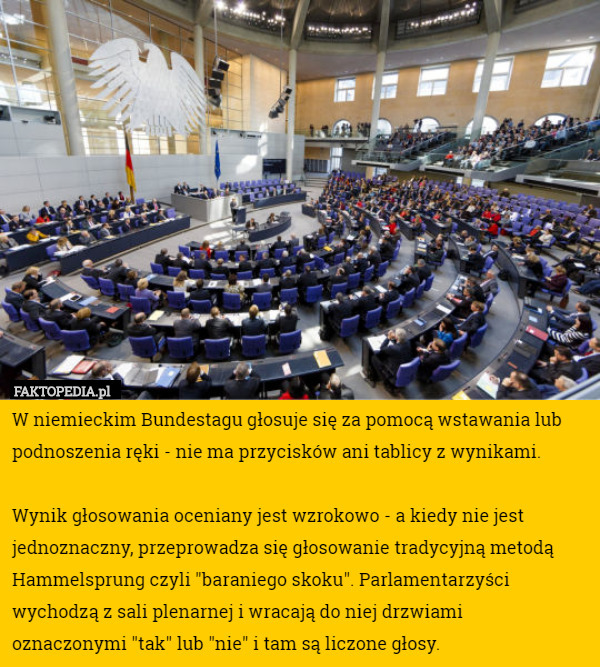 W niemieckim Bundestagu głosuje się za pomocą wstawania lub podnoszenia ręki - nie ma przycisków ani tablicy z wynikami.

Wynik głosowania oceniany jest wzrokowo - a kiedy nie jest jednoznaczny, przeprowadza się głosowanie tradycyjną metodą Hammelsprung czyli "baraniego skoku". Parlamentarzyści wychodzą z sali plenarnej i wracają do niej drzwiami
 oznaczonymi "tak" lub "nie" i tam są liczone głosy. 