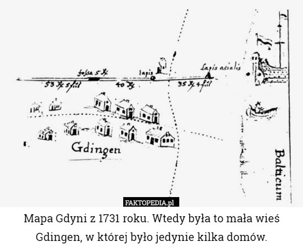 Mapa Gdyni z 1731 roku. Wtedy była to mała wieś Gdingen, w której było jedynie kilka domów. 