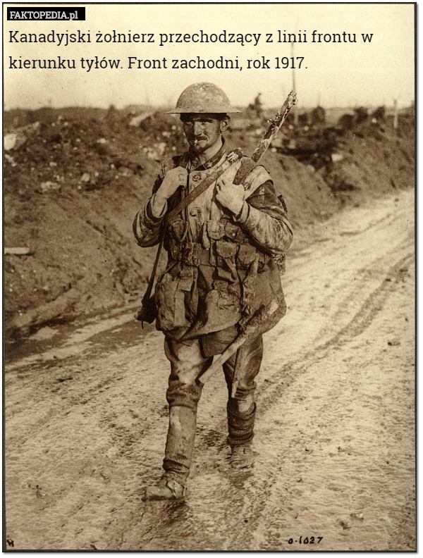 Kanadyjski żołnierz przechodzący z linii frontu w kierunku tyłów. Front zachodni, rok 1917. 