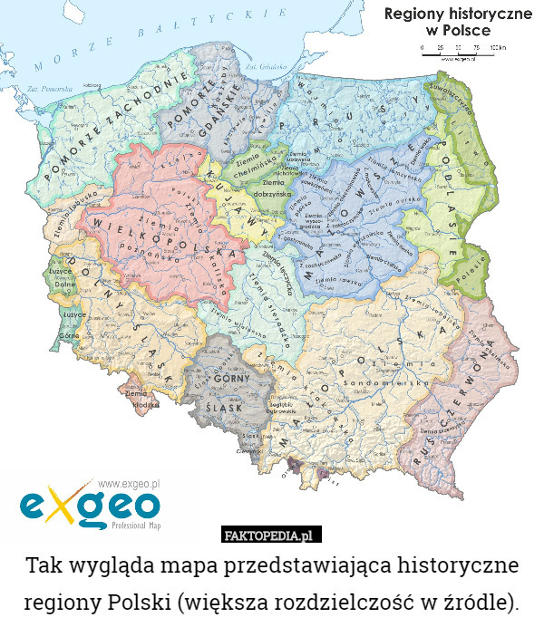 Tak wygląda mapa przedstawiająca historyczne regiony Polski (większa rozdzielczość w źródle). 
