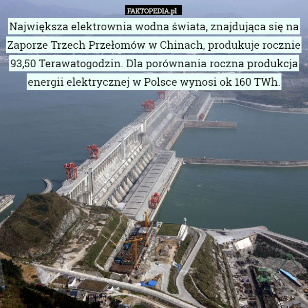 Największa elektrownia wodna świata, znajdująca się na Zaporze Trzech Przełomów w Chinach, produkuje rocznie 93,50 Terawatogodzin. Dla porównania roczna produkcja energii elektrycznej w Polsce wynosi ok 160 TWh. 