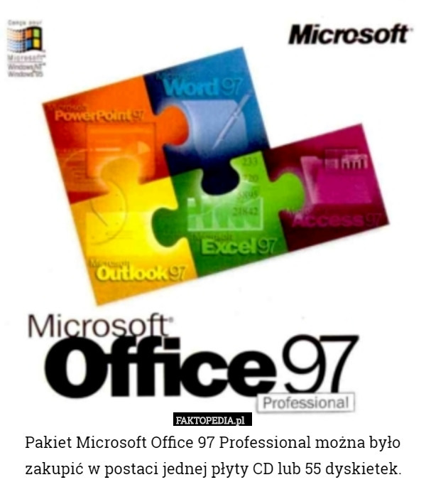 Pakiet Microsoft Office 97 Professional można było zakupić w postaci jednej płyty CD lub 55 dyskietek. 