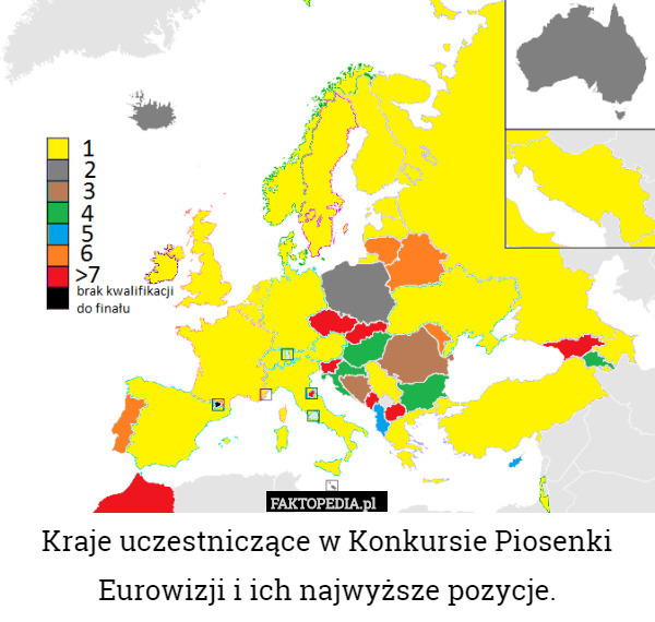 Kraje uczestniczące w Konkursie Piosenki Eurowizji i ich najwyższe pozycje. 