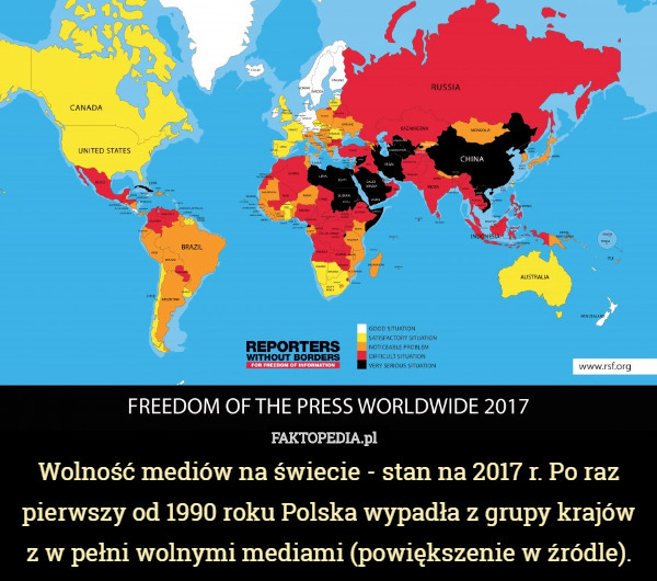 Wolność mediów na świecie - stan na 2017 r. Po raz pierwszy od 1990 roku Polska wypadła z grupy krajów z w pełni wolnymi mediami (powiększenie w źródle). 