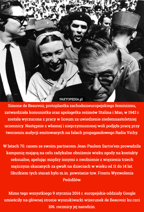 Simone de Beauvoir, protoplastka zachodnioeuropejskiego feminizmu, zatwardziała komunistka oraz apologetka reżimów Stalina i Mao, w 1943 r. została wyrzucona z pracy w liceum za uwiedzenie siedemnastoletniej uczennicy. Następnie z własnej i nieprzymuszonej woli podjęła pracę przy tworzeniu audycji emitowanych na falach propagandowego Radia Vichy.

W latach 70. razem ze swoim partnerem Jean-Paulem Sartre'em prowadziła kampanię mającą na celu radykalne obniżenie wieku zgody na kontakty seksualne, apelując między innymi o zwolnienie z więzienia trzech mężczyzn skazanych za gwałt na dzieciach w wieku od 11 do 14 lat. Skutkiem tych starań było m.in. powstanie tzw. Frontu Wyzwolenia Pedofilów.

Mimo tego wszystkiego 9 stycznia 2014 r. europejskie oddziały Google umieściły na głównej stronie wyszukiwarki wizerunek de Beauvoir ku czci 106. rocznicy jej narodzin. 