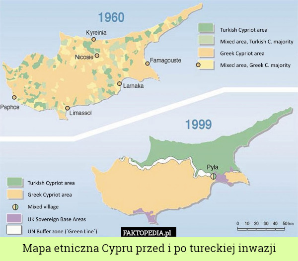 Mapa etniczna Cypru przed i po tureckiej inwazji 