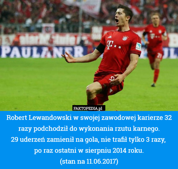 Robert Lewandowski w swojej zawodowej karierze 32 razy podchodził do wykonania rzutu karnego.
29 uderzeń zamienił na gola, nie trafił tylko 3 razy, 
po raz ostatni w sierpniu 2014 roku.
(stan na 11.06.2017) 