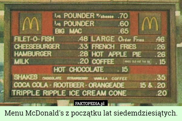 Menu McDonald's z początku lat siedemdziesiątych. 
