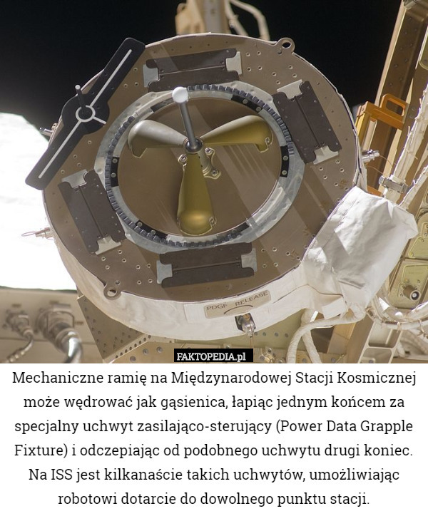 Mechaniczne ramię na Międzynarodowej Stacji Kosmicznej może wędrować jak gąsienica, łapiąc jednym końcem za specjalny uchwyt zasilająco-sterujący (Power Data Grapple Fixture) i odczepiając od podobnego uchwytu drugi koniec. Na ISS jest kilkanaście takich uchwytów, umożliwiając robotowi dotarcie do dowolnego punktu stacji. 