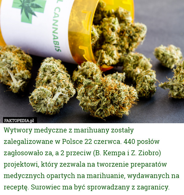 Wytwory medyczne z marihuany zostały zalegalizowane w Polsce 22 czerwca. 440 posłów zagłosowało za, a 2 przeciw (B. Kempa i Z. Ziobro) projektowi, który zezwala na tworzenie preparatów medycznych opartych na marihuanie, wydawanych na receptę. Surowiec ma być sprowadzany z zagranicy. 