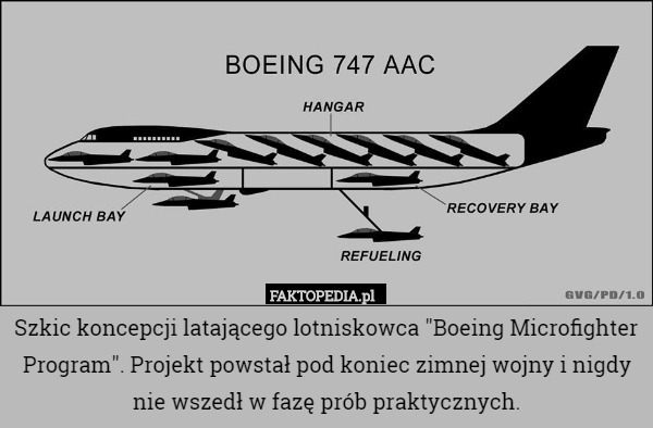 Szkic koncepcji latającego lotniskowca "Boeing Microfighter Program". Projekt powstał pod koniec zimnej wojny i nigdy nie wszedł w fazę prób praktycznych. 