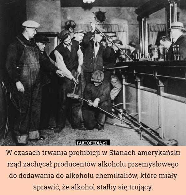 W czasach trwania prohibicji w Stanach amerykański rząd zachęcał producentów alkoholu przemysłowego do dodawania do alkoholu chemikaliów, które miały sprawić, że alkohol stałby się trujący. 