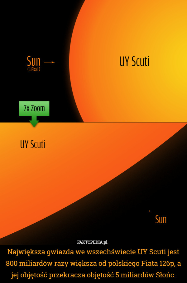 Największa gwiazda we wszechświecie UY Scuti jest 800 miliardów razy większa od polskiego Fiata 126p, a jej objętość przekracza objętość 5 miliardów Słońc. 