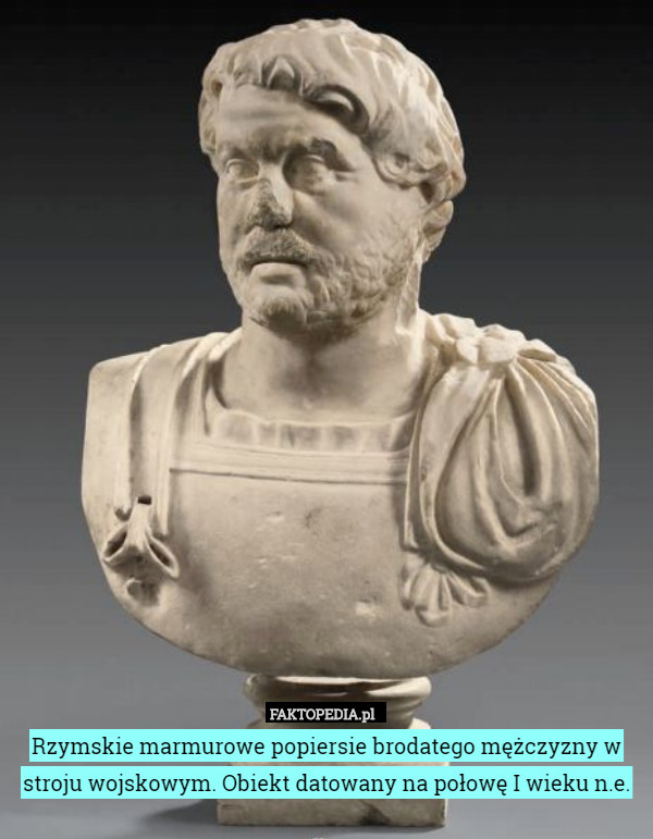 Rzymskie marmurowe popiersie brodatego mężczyzny w stroju wojskowym. Obiekt datowany na połowę I wieku n.e. 