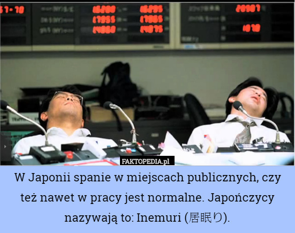 W Japonii spanie w miejscach publicznych, czy też nawet w pracy jest normalne. Japończycy nazywają to: Inemuri (居眠り). 