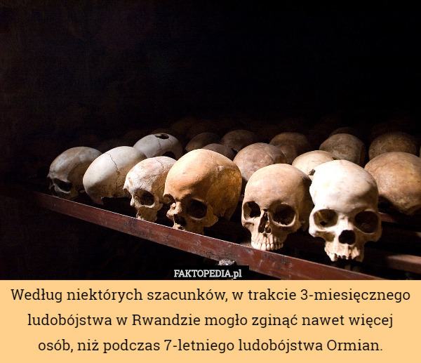 Według niektórych szacunków, w trakcie 3-miesięcznego ludobójstwa w Rwandzie mogło zginąć nawet więcej osób, niż podczas 7-letniego ludobójstwa Ormian. 