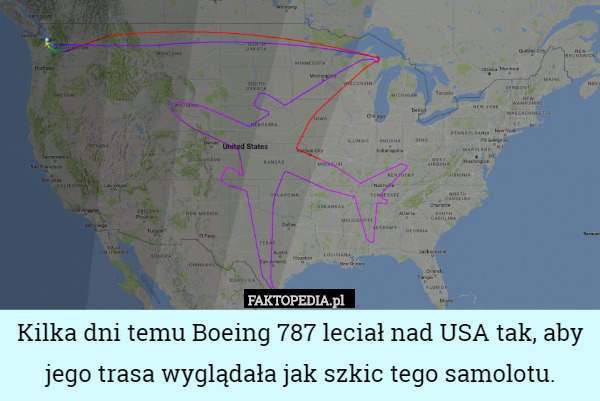 Kilka dni temu Boeing 787 leciał nad USA tak, aby jego trasa wyglądała jak szkic tego samolotu. 