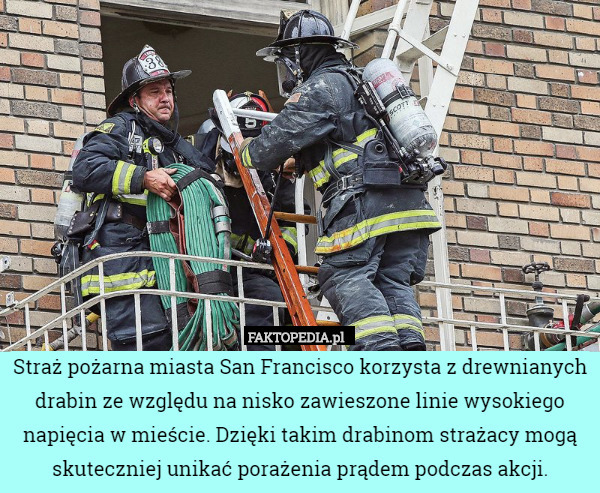 Straż pożarna miasta San Francisco korzysta z drewnianych drabin ze względu na nisko zawieszone linie wysokiego napięcia w mieście. Dzięki takim drabinom strażacy mogą skuteczniej unikać porażenia prądem podczas akcji. 