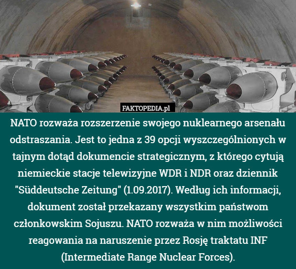 NATO rozważa rozszerzenie swojego nuklearnego arsenału odstraszania. Jest to jedna z 39 opcji wyszczególnionych w tajnym dotąd dokumencie strategicznym, z którego cytują niemieckie stacje telewizyjne WDR i NDR oraz dziennik "Süddeutsche Zeitung" (1.09.2017). Według ich informacji, dokument został przekazany wszystkim państwom członkowskim Sojuszu. NATO rozważa w nim możliwości reagowania na naruszenie przez Rosję traktatu INF (Intermediate Range Nuclear Forces). 
