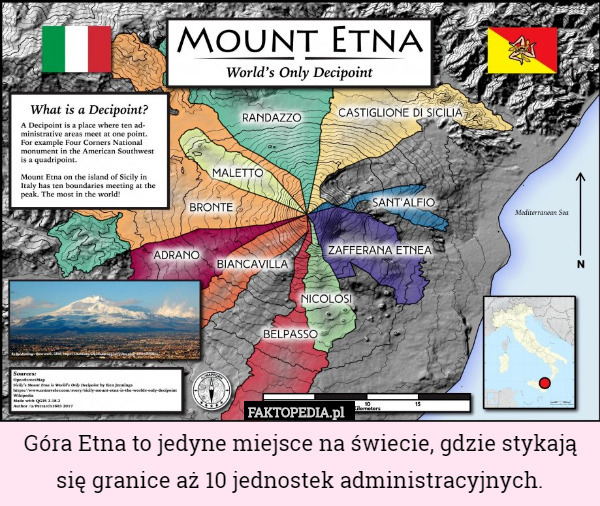 Góra Etna to jedyne miejsce na świecie, gdzie stykają się granice aż 10 jednostek administracyjnych. 