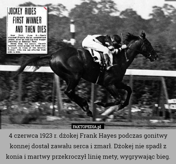4 czerwca 1923 r. dżokej Frank Hayes podczas gonitwy konnej dostał zawału serca i zmarł. Dżokej nie spadł z konia i martwy przekroczył linię mety, wygrywając bieg. 