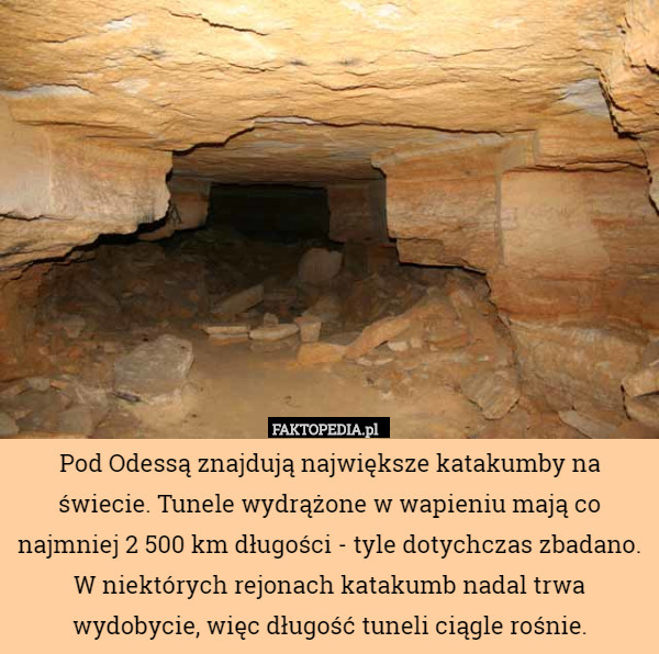 Pod Odessą znajdują największe katakumby na świecie. Tunele wydrążone w wapieniu mają co najmniej 2 500 km długości - tyle dotychczas zbadano.
W niektórych rejonach katakumb nadal trwa wydobycie, więc długość tuneli ciągle rośnie. 