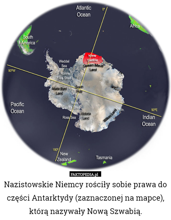 Nazistowskie Niemcy rościły sobie prawa do części Antarktydy (zaznaczonej na mapce), którą nazywały Nową Szwabią. 