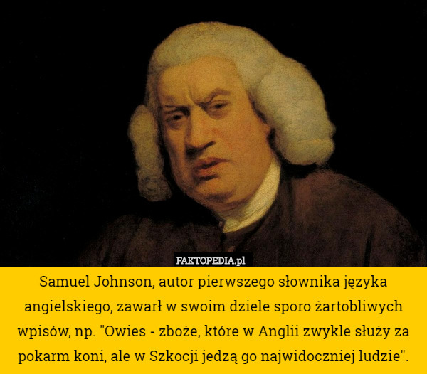 Samuel Johnson, autor pierwszego słownika języka angielskiego, zawarł w swoim dziele sporo żartobliwych wpisów, np. "Owies - zboże, które w Anglii zwykle służy za pokarm koni, ale w Szkocji jedzą go najwidoczniej ludzie". 