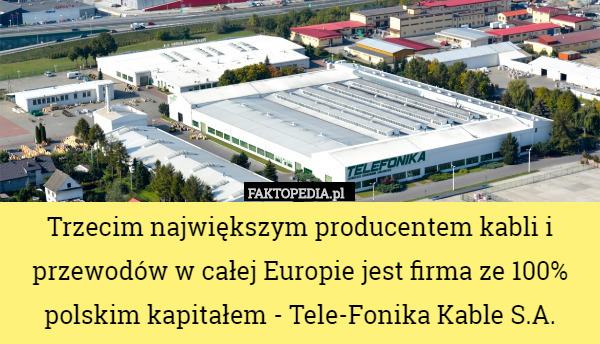 Trzecim największym producentem kabli i przewodów w całej Europie jest firma ze 100% polskim kapitałem - Tele-Fonika Kable S.A. 