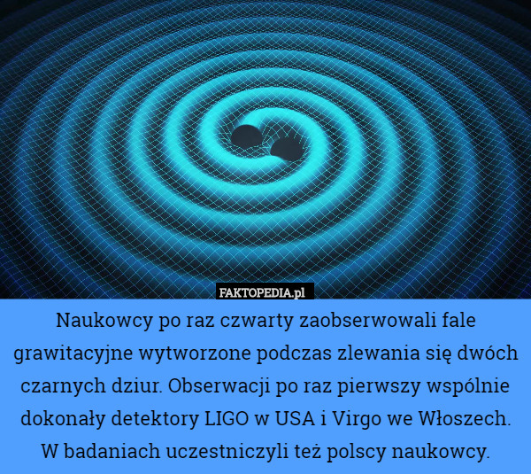 Naukowcy po raz czwarty zaobserwowali fale grawitacyjne wytworzone podczas zlewania się dwóch czarnych dziur. Obserwacji po raz pierwszy wspólnie dokonały detektory LIGO w USA i Virgo we Włoszech. W badaniach uczestniczyli też polscy naukowcy. 