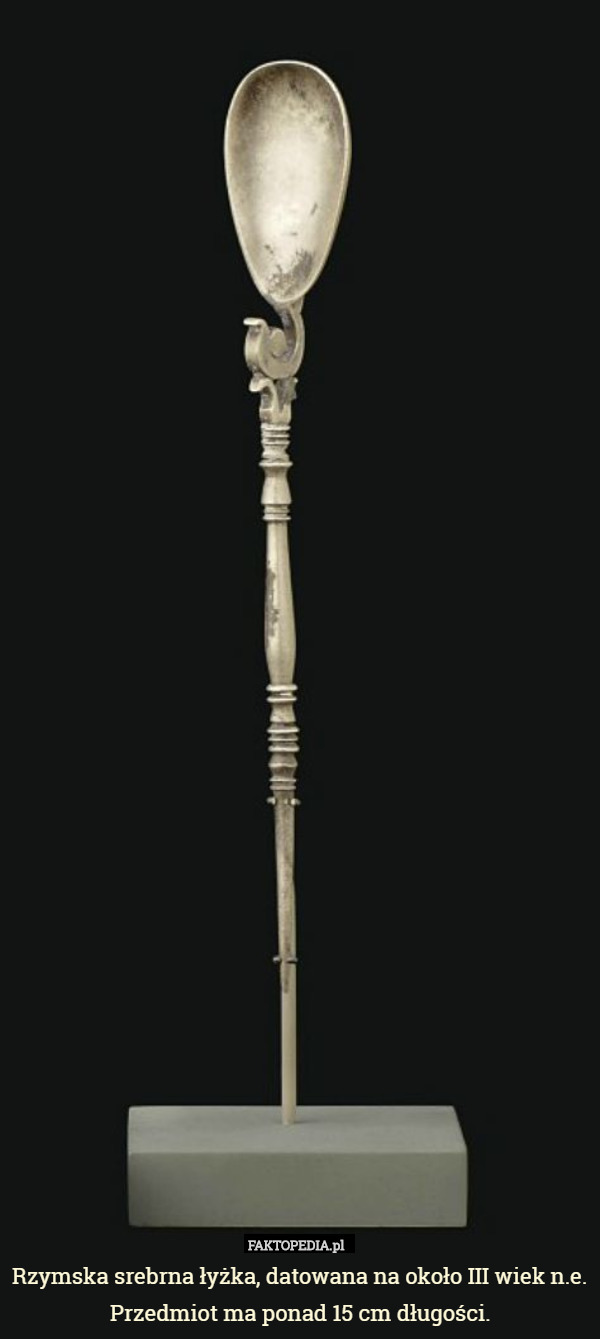 Rzymska srebrna łyżka, datowana na około III wiek n.e. Przedmiot ma ponad 15 cm długości. 