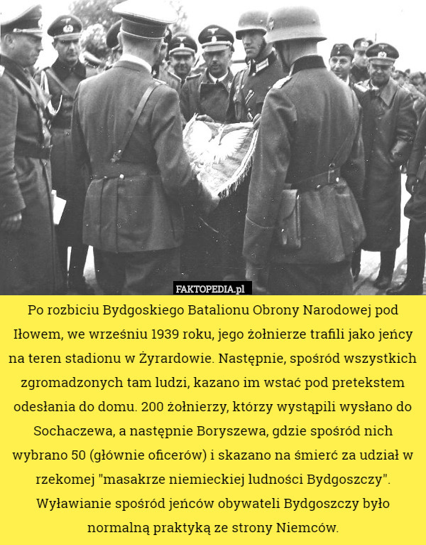 Po rozbiciu Bydgoskiego Batalionu Obrony Narodowej pod Iłowem, we wrześniu 1939 roku, jego żołnierze trafili jako jeńcy na teren stadionu w Żyrardowie. Następnie, spośród wszystkich zgromadzonych tam ludzi, kazano im wstać pod pretekstem odesłania do domu. 200 żołnierzy, którzy wystąpili wysłano do Sochaczewa, a następnie Boryszewa, gdzie spośród nich wybrano 50 (głównie oficerów) i skazano na śmierć za udział w rzekomej "masakrze niemieckiej ludności Bydgoszczy". Wyławianie spośród jeńców obywateli Bydgoszczy było normalną praktyką ze strony Niemców. 