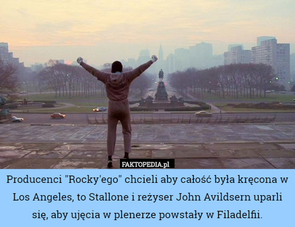 Producenci "Rocky'ego" chcieli aby całość była kręcona w Los Angeles, to Stallone i reżyser John Avildsern uparli się, aby ujęcia w plenerze powstały w Filadelfii. 