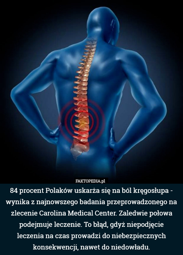 84 procent Polaków uskarża się na ból kręgosłupa - wynika z najnowszego badania przeprowadzonego na zlecenie Carolina Medical Center. Zaledwie połowa podejmuje leczenie. To błąd, gdyż niepodjęcie
 leczenia na czas prowadzi do niebezpiecznych konsekwencji, nawet do niedowładu. 