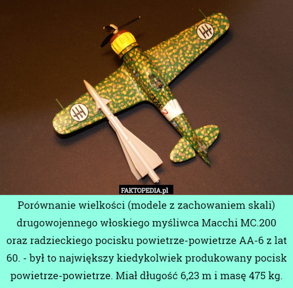 Porównanie wielkości (modele z zachowaniem skali) drugowojennego włoskiego myśliwca Macchi MC.200 oraz radzieckiego pocisku powietrze-powietrze AA-6 z lat 60. - był to największy kiedykolwiek produkowany pocisk powietrze-powietrze. Miał długość 6,23 m i masę 475 kg. 