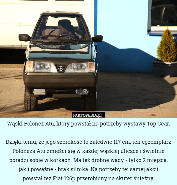 Wąski Polonez Atu, który powstał na potrzeby wystawy Top Gear.

Dzięki temu, że jego szerokość to zaledwie 117 cm, ten egzemplarz Poloneza Atu zmieści się w każdej wąskiej uliczce i świetnie poradzi sobie w korkach. Ma też drobne wady - tylko 2 miejsca,
 jak i poważne - brak silnika. Na potrzeby tej samej akcji
 powstał też Fiat 126p przerobiony na skuter śnieżny. 