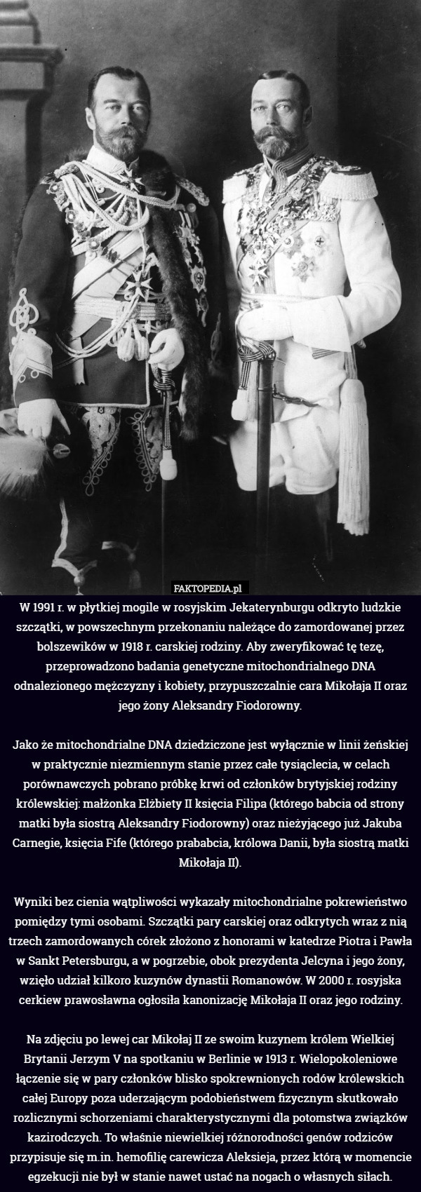 W 1991 r. w płytkiej mogile w rosyjskim Jekaterynburgu odkryto ludzkie szczątki, w powszechnym przekonaniu należące do zamordowanej przez bolszewików w 1918 r. carskiej rodziny. Aby zweryfikować tę tezę, przeprowadzono badania genetyczne mitochondrialnego DNA odnalezionego mężczyzny i kobiety, przypuszczalnie cara Mikołaja II oraz jego żony Aleksandry Fiodorowny.

Jako że mitochondrialne DNA dziedziczone jest wyłącznie w linii żeńskiej w praktycznie niezmiennym stanie przez całe tysiąclecia, w celach porównawczych pobrano próbkę krwi od członków brytyjskiej rodziny królewskiej: małżonka Elżbiety II księcia Filipa (którego babcia od strony matki była siostrą Aleksandry Fiodorowny) oraz nieżyjącego już Jakuba Carnegie, księcia Fife (którego prababcia, królowa Danii, była siostrą matki Mikołaja II).

Wyniki bez cienia wątpliwości wykazały mitochondrialne pokrewieństwo pomiędzy tymi osobami. Szczątki pary carskiej oraz odkrytych wraz z nią trzech zamordowanych córek złożono z honorami w katedrze Piotra i Pawła w Sankt Petersburgu, a w pogrzebie, obok prezydenta Jelcyna i jego żony, wzięło udział kilkoro kuzynów dynastii Romanowów. W 2000 r. rosyjska cerkiew prawosławna ogłosiła kanonizację Mikołaja II oraz jego rodziny.

Na zdjęciu po lewej car Mikołaj II ze swoim kuzynem królem Wielkiej Brytanii Jerzym V na spotkaniu w Berlinie w 1913 r. Wielopokoleniowe łączenie się w pary członków blisko spokrewnionych rodów królewskich całej Europy poza uderzającym podobieństwem fizycznym skutkowało rozlicznymi schorzeniami charakterystycznymi dla potomstwa związków kazirodczych. To właśnie niewielkiej różnorodności genów rodziców przypisuje się m.in. hemofilię carewicza Aleksieja, przez którą w momencie egzekucji nie był w stanie nawet ustać na nogach o własnych siłach. 