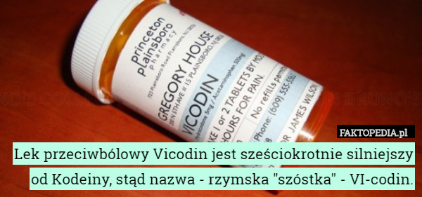 Lek przeciwbólowy Vicodin jest sześciokrotnie silniejszy od Kodeiny, stąd nazwa - rzymska "szóstka" - VI-codin. 