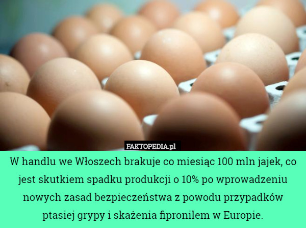 W handlu we Włoszech brakuje co miesiąc 100 mln jajek, co jest skutkiem spadku produkcji o 10% po wprowadzeniu nowych zasad bezpieczeństwa z powodu przypadków ptasiej grypy i skażenia fipronilem w Europie. 