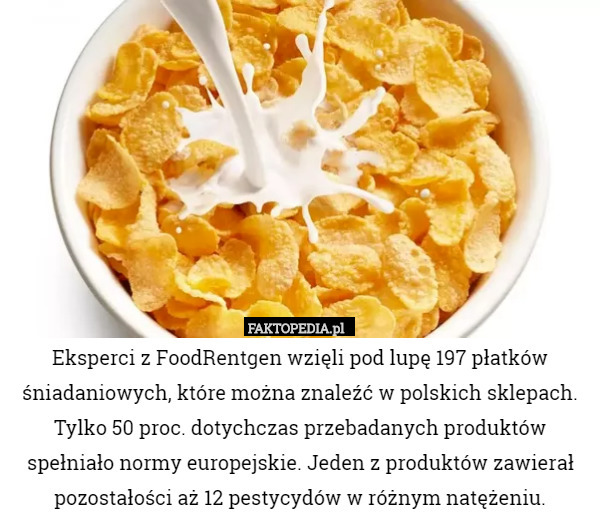 Eksperci z FoodRentgen wzięli pod lupę 197 płatków śniadaniowych, które można znaleźć w polskich sklepach. Tylko 50 proc. dotychczas przebadanych produktów spełniało normy europejskie. Jeden z produktów zawierał pozostałości aż 12 pestycydów w różnym natężeniu. 