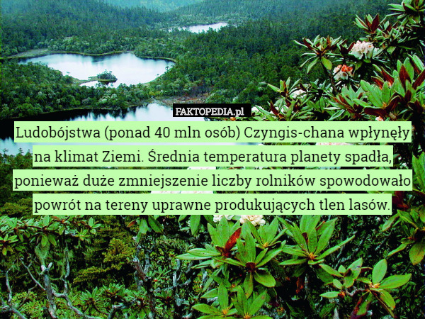 Ludobójstwa (ponad 40 mln osób) Czyngis-chana wpłynęły na klimat Ziemi. Średnia temperatura planety spadła, ponieważ duże zmniejszenie liczby rolników spowodowało powrót na tereny uprawne produkujących tlen lasów. 