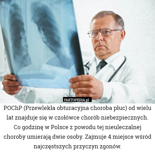 POChP (Przewlekła obturacyjna choroba płuc) od wielu lat znajduje się w czołówce chorób niebezpiecznych. Co godzinę w Polsce z powodu tej nieuleczalnej choroby umierają dwie osoby. Zajmuje 4 miejsce wśród najczęstszych przyczyn zgonów. 